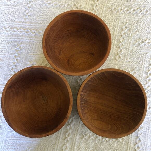 Vintage Teak Wood Hand Carved Bowls Set Of 3 MCM 60s 70s Minimalist Rustic - Picture 3 of 8